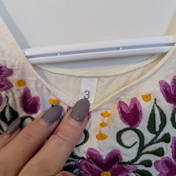 Embroidered flower dress cotton linen Mexico purple flowers tie waist 3T - Picture 4 of 6